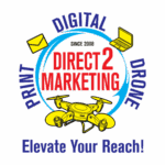 Logo for Direct 2 Marketing with digital and social media icons.