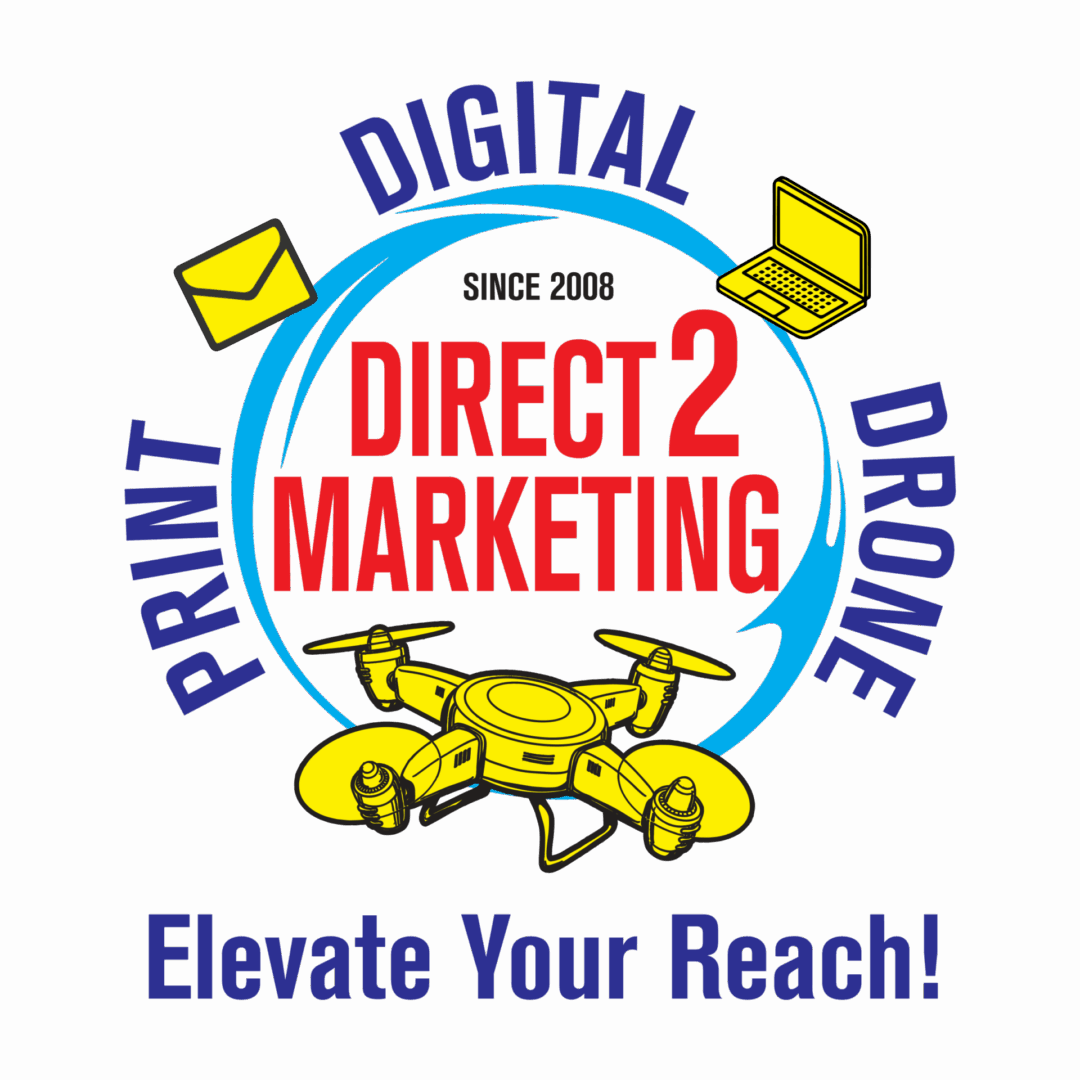 Logo for Direct 2 Marketing with digital and social media icons.