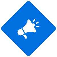 Blue square with white megaphone icon.