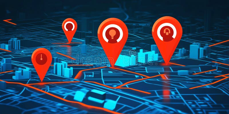 Digital map with location markers highlighting key points in a cityscape.