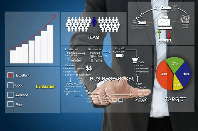 Businessman presenting a digital business model and team structure on virtual screen.