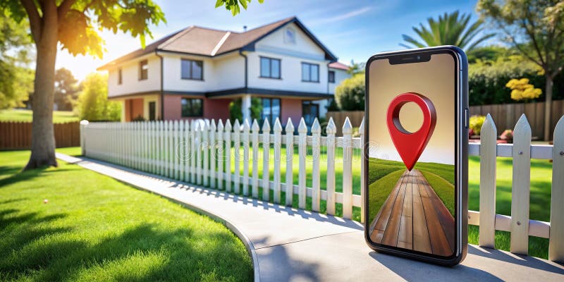 Smartphone showing location pin in front of a suburban house with white picket fence.